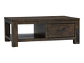 Caro Rustic Coffee Table - Dark Solid Wood with drawer, showcasing premium craftsmanship and rich textures.
