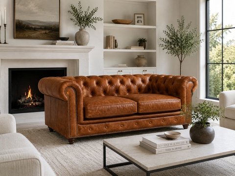 Sofá Chesterfield de cuero desgastado color coñac Stanhope