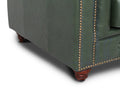 Close-up of the Stanhope Royal Green Leather 4 Seater Chesterfield corner with nailhead trim and wooden legs.