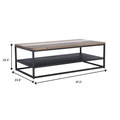 Como Rustic Industrial Rectangular Coffee Table with Lower Shelf featuring measurements and solid wood top