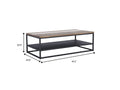 Como Rustic Industrial Rectangular Coffee Table with Lower Shelf featuring measurements and solid wood top