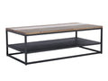 Como Rustic Industrial Rectangular Coffee Table with Lower Shelf made of solid Oakaia wood and black metal frame.