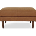 Selina Midcentury Tan Leather Ottoman with wooden legs and premium full top-grain semi-aniline leather upholstery.