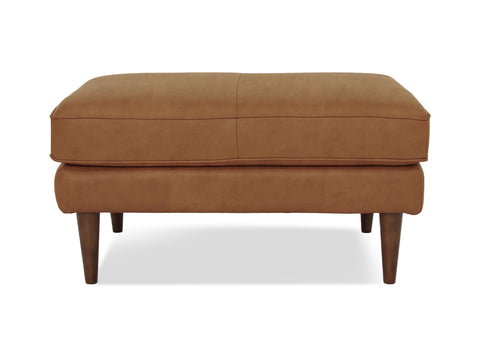 Selina Midcentury Tan Leather Ottoman with wooden legs and premium full top-grain semi-aniline leather upholstery.