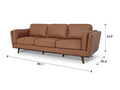 Selina Midcentury Brown Leather 3 Seater Sofa with dimensions shown, featuring a warm brown tone and modern design.