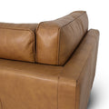 Eleganza Tan Distressed Leather 3 Seater Sofa showcasing plush cushions and rich leather texture.