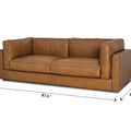 Eleganza Tan Distressed Leather 3 Seater Sofa with dimensions 87.0 x 29.9 x 41.7 inches, showcasing its luxurious design.