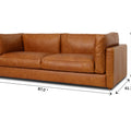 Eleganza Cognac Distressed Leather 3 Seater Sofa with plush cushions and compact walnut wood legs, dimensions 87 x 41.7 x 29.9 inches