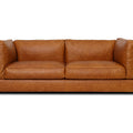 Eleganza Cognac Distressed Leather 3 Seater Sofa with plush cushions and walnut wood legs, perfect for modern and classic interiors