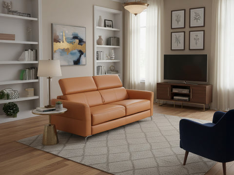 Elena Cognac Leather Sleeper Sofa in a modern living room with soft lighting and stylish decor.