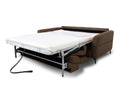 Elena brown Leather Loveseat Sofa Bed with mattress pulled out, showcasing sleek design and functionality.