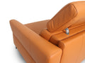 Elena Cognac Leather Sleeper Sofa close-up view showing plush leather upholstery and reclining backrest.
