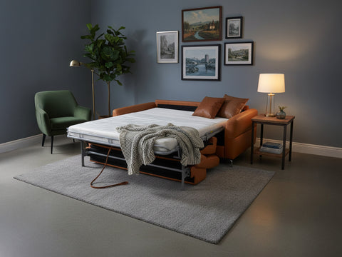 Elena Cognac Leather Sleeper Sofa transformed into a bed with cozy blanket in a stylish living room setting.