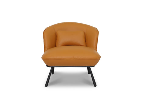 Fancyoni Cognac Leather Minimalist Accent Chair with plush cushions and sleek black legs for modern interiors.
