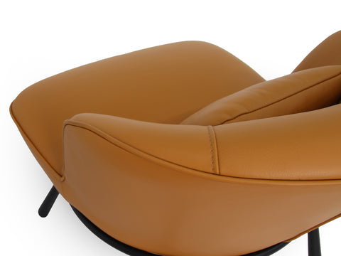 Close-up of the Fancyoni Cognac Leather Minimalist Accent Chair with sculpted curves and elegant leather upholstery.
