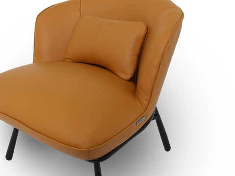 Fancyoni Cognac Leather Minimalist Accent Chair with sculpted curves and plush cushion, perfect for modern interiors.