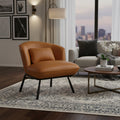 Fancyoni Cognac Leather Minimalist Accent Chair in modern living room setting with city view, plush cushions, and elegant design.