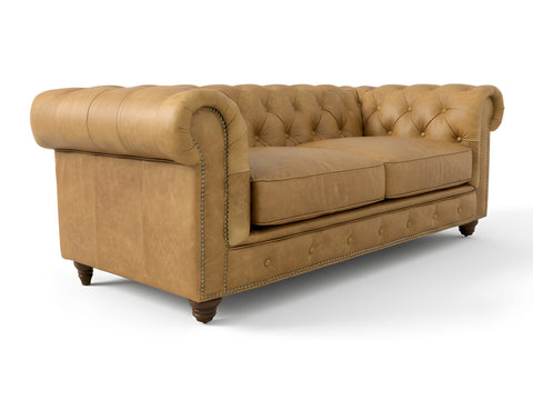 Stanhope Camel Brown Distressed Leather Loveseat Chesterfield in luxurious upholstery