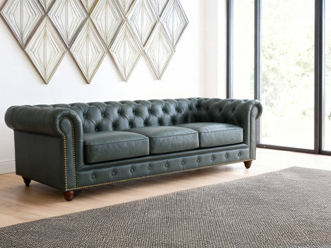 Stanhope Royal Green Leather 3 Seater Chesterfield in modern living room interior