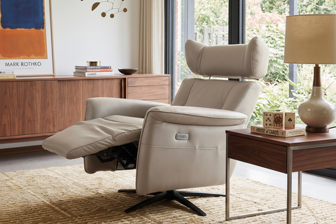 Velasco neutral beige leather power swivel recliner chair with heat and massage