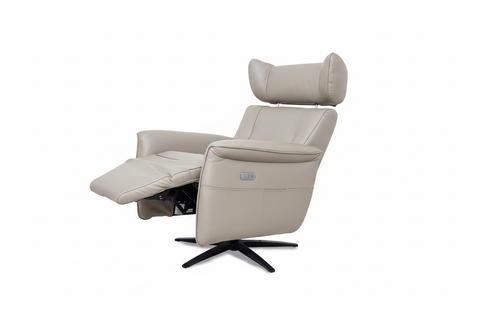 Velasco neutral beige leather power swivel recliner chair with heat and massage