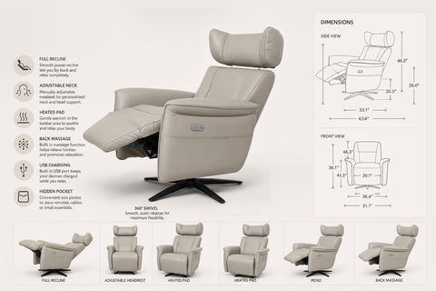 Velasco neutral beige leather power swivel recliner chair with heat and massage