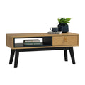 Lia Mid-Century Modern Oak Coffee Table with Drawer featuring black legs and leather loop handle.