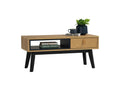Lia Mid-Century Modern Oak Coffee Table with Drawer featuring black legs and leather loop handle.