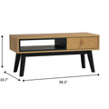 Lia Mid-Century Modern Oak Coffee Table with Drawer featuring Nordic design, black legs, and dimensions of 39.3x15.7x17.7 inches.
