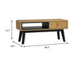Lia Mid-Century Modern Oak Coffee Table with Drawer featuring Nordic design, black legs, and dimensions of 39.3x15.7x17.7 inches.