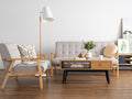 Living room with Lia Mid-Century Modern Oak Coffee Table with Drawer, Nordic style decor, wooden floor, and gray furniture.