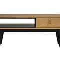 Lia Mid-Century Modern Oak Coffee Table with Drawer, Nordic design, black legs, leather loop