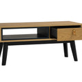 Lia Mid-Century Modern Oak Coffee Table with Drawer featuring black legs and leather loop accent.