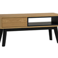 Lia Mid-Century Modern Oak Coffee Table with Drawer featuring Nordic design and black angular legs.