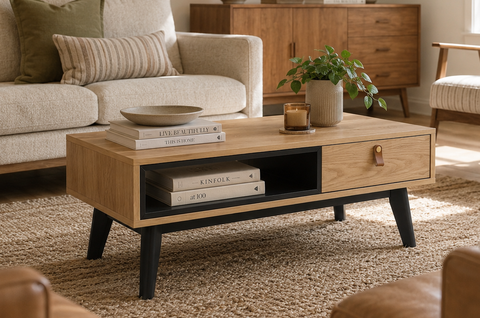 Lia Mid-Century Modern Oak Coffee Table with Drawer