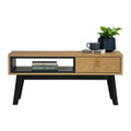 Lia Mid-Century Modern Oak Coffee Table with Drawer showcasing Nordic design, black legs, and leather loop detail.