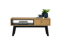Lia Mid-Century Modern Oak Coffee Table with Drawer showcasing Nordic design, black legs, and leather loop detail.
