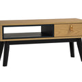 Lia Mid-Century Modern Oak Coffee Table with Drawer featuring Nordic design and black angular legs.