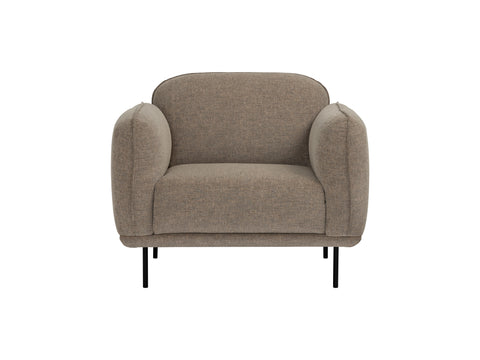 Livia Beige Firm Accent Chair with black metal legs, upholstered in deep toned Linsey fabric, offering cozy comfort and contemporary elegance.