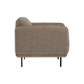 Side view of Livia Beige Firm Accent Chair with deep-toned Linsey fabric and black metal legs, showing modern design and comfort.