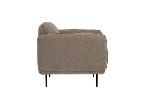 Side view of Livia Beige Firm Accent Chair with deep-toned Linsey fabric and black metal legs, showing modern design and comfort.