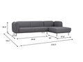 Livia Grey Scandi Modern Sectional with dimensions and Linsey fabric upholstery, shown with sleek metal legs for contemporary interiors.