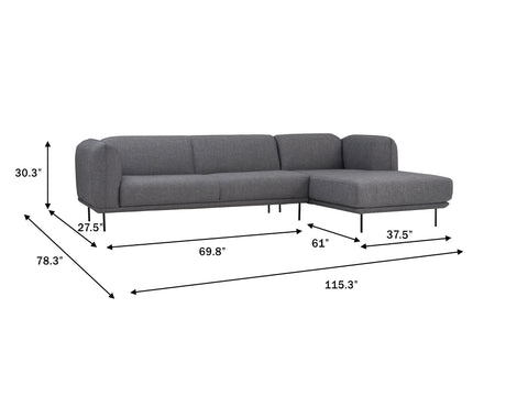 Livia Grey Scandi Modern Sectional with dimensions and Linsey fabric upholstery, shown with sleek metal legs for contemporary interiors.