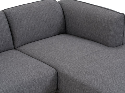 Close-up of Livia Grey Scandi Modern Sectional sofa in charcoal fabric with sleek, minimalist design.