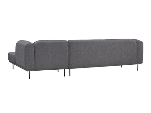 Back view of the Livia Grey Scandi Modern Sectional upholstered in charcoal fabric with sleek metal legs, showcasing modern design.
