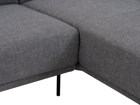 Close-up of Livia Grey Scandi Modern Sectional with soft Linsey fabric and sleek metal legs.