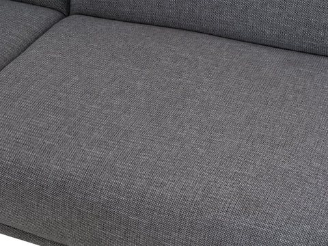 Close-up of Livia Grey Scandi Modern Sectional with charcoal Linsey fabric and metal legs.