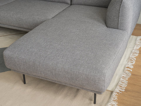 Livia Grey Scandi Modern Sectional with Linsey fabric and metal legs, showcasing a minimalist and versatile L-shape design.