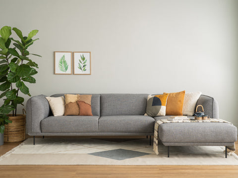 Livia Grey Scandi Modern Sectional sofa in charcoal grey with soft Linsey fabric and metal legs, perfect for contemporary living spaces.