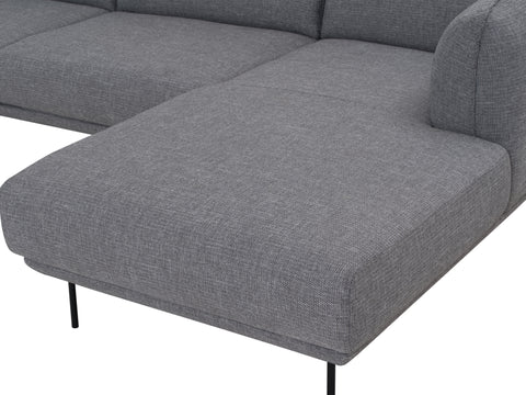 Close-up of Livia Grey Scandi Modern Sectional in charcoal fabric, featuring sleek metal legs and a contemporary L-shape design.